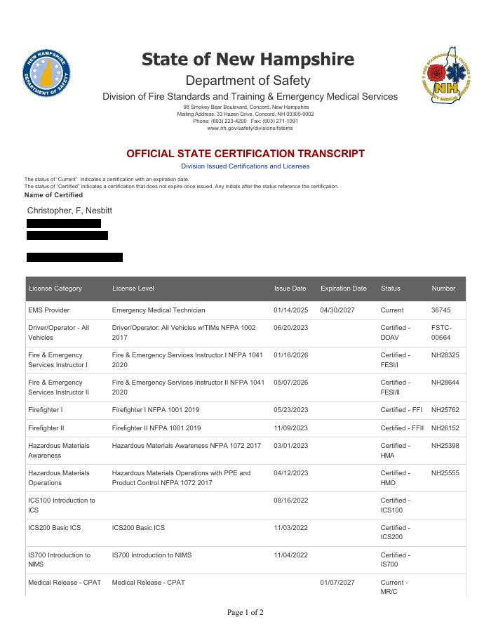 Chris Nesbitt's official New Hampshire fire and EMS certification transcript, listing EMT, Firefighter I/II, HazMat Awareness and Operations, and State Fire Instructor credentials