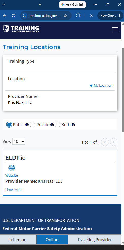 FMCSA Training Provider Registry search showing Kris Naz LLC typed in the Provider Name field, returning ELDT.io as the result